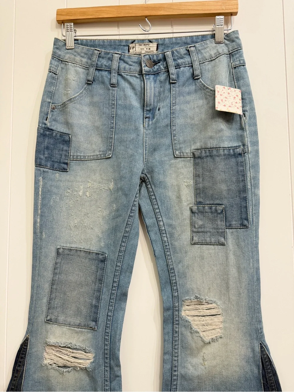 Rare Free People Festy Super Flare Patchwork Jeans in Selena Wash Size 26